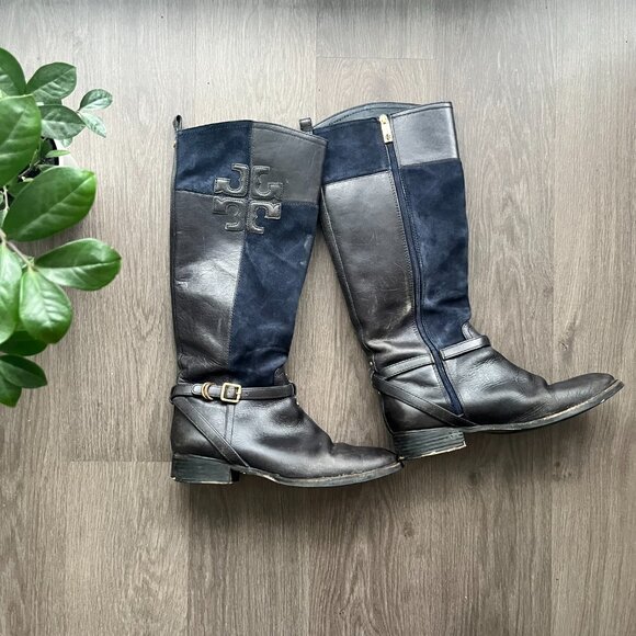 Tory Burch Navy Blue Leather and Suede Logo Boots - Picture 3 of 9